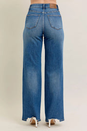 Judy Blue Full Size High Waist Tummy Control Chew Hem Destroy Wide Jeans Plus Size | Jeans Daverri Fashions