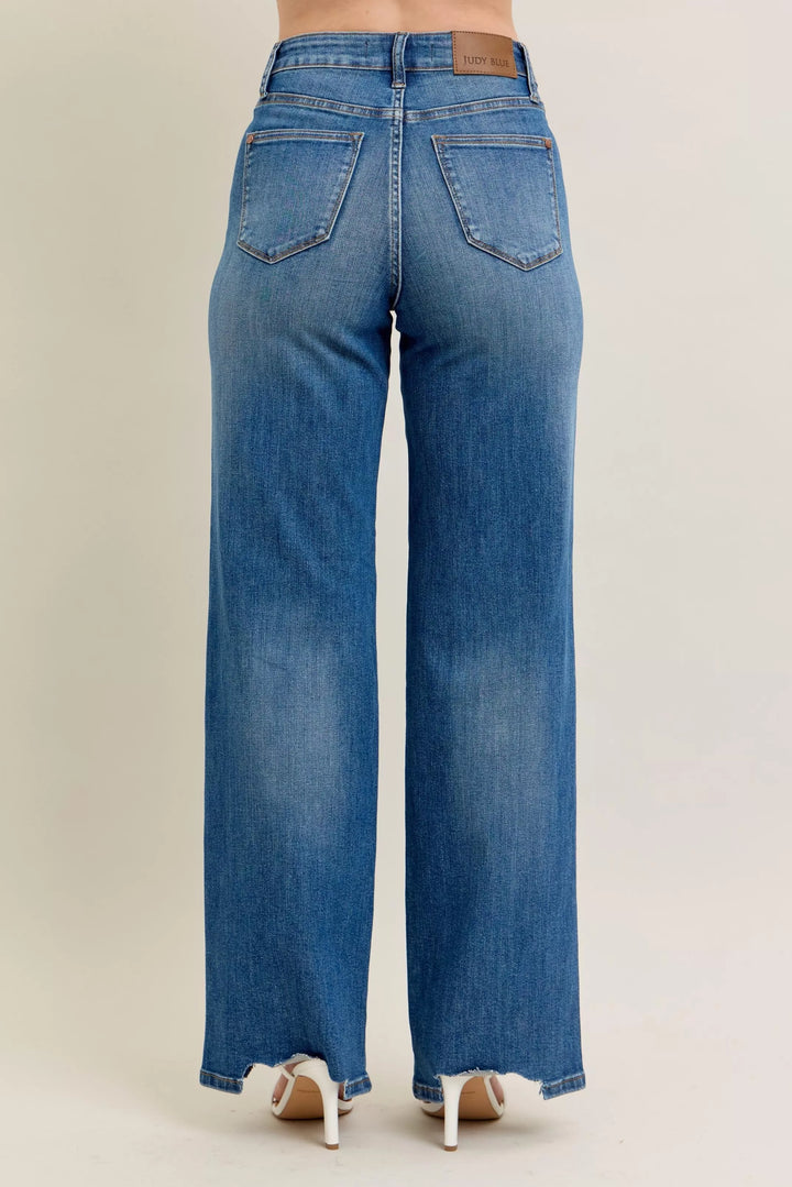 Judy Blue Full Size High Waist Tummy Control Chew Hem Destroy Wide Jeans Plus Size | Jeans Daverri Fashions