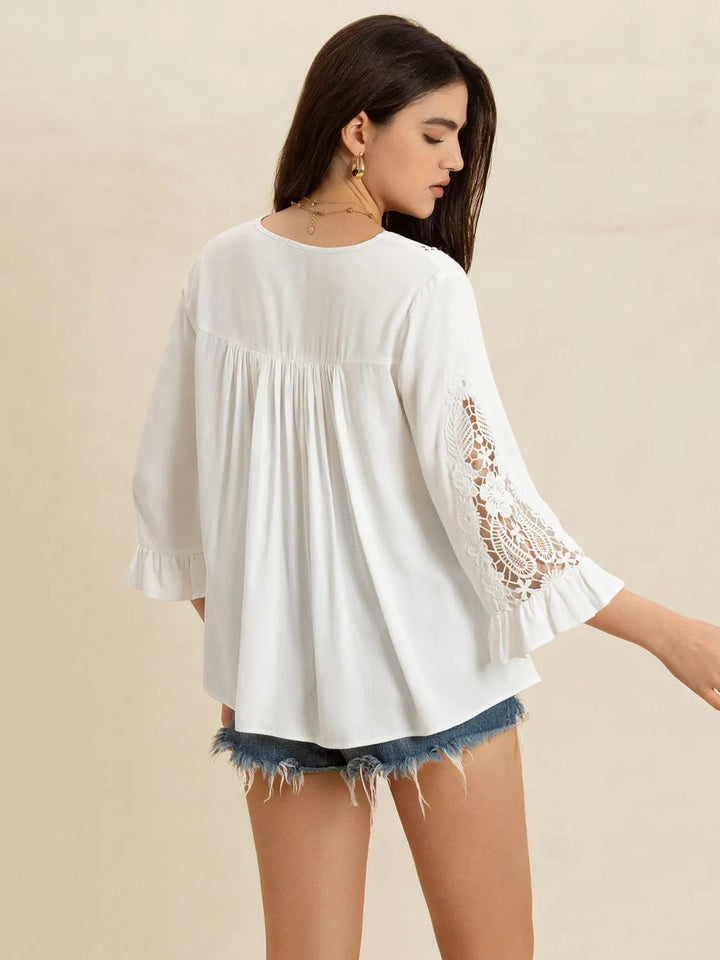 V-Neck Lace Flounce Sleeve Top | Blouses Daverri Fashions