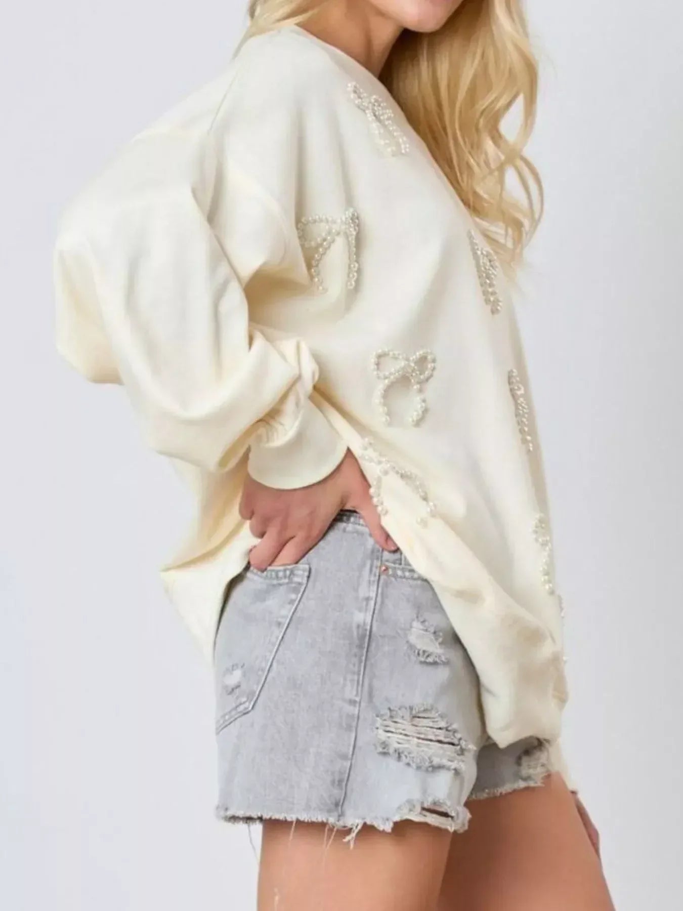 Pearl Embellished Bow Long Sleeve Sweatshirt - DAVERRI FASHIONS