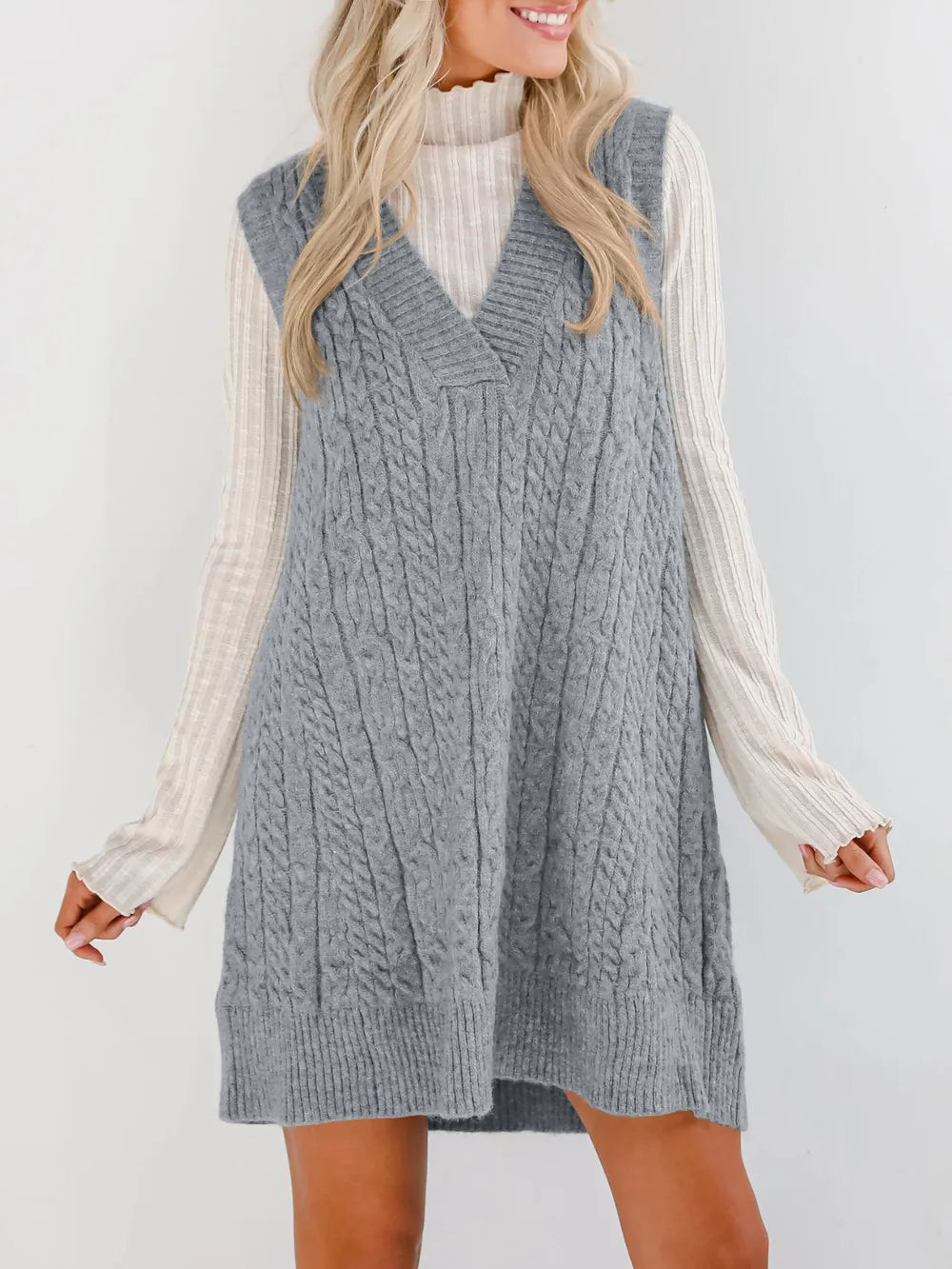 Lovelet Cable Knit V-Neck Mini Sweater Overall Dress | Mini Dresses Daverri Fashions