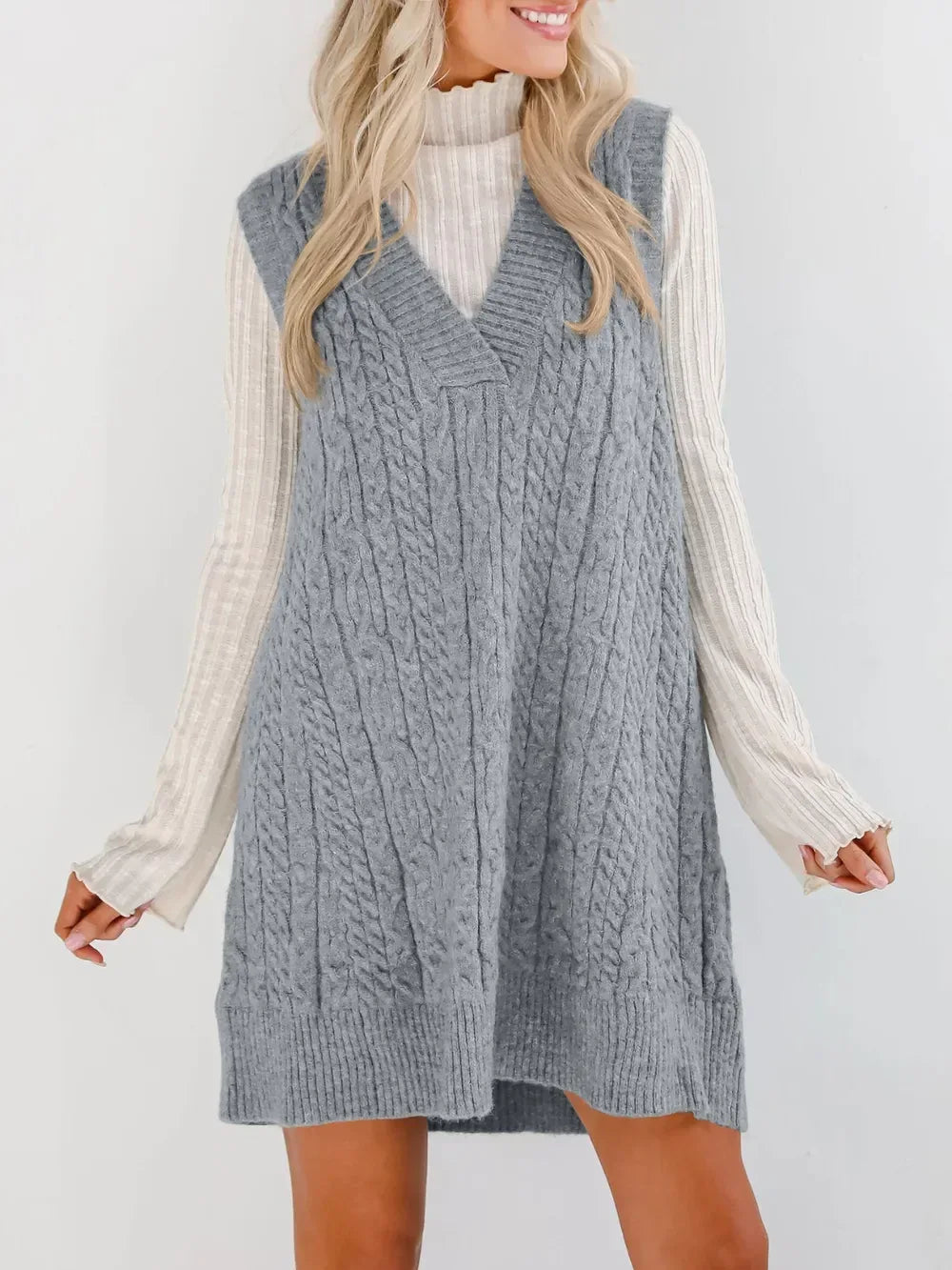 Lovelet Cable Knit V-Neck Mini Sweater Overall Dress - DAVERRI FASHIONS