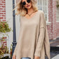 Slit V-Neck Dropped Shoulder Sweater - DAVERRI FASHIONS