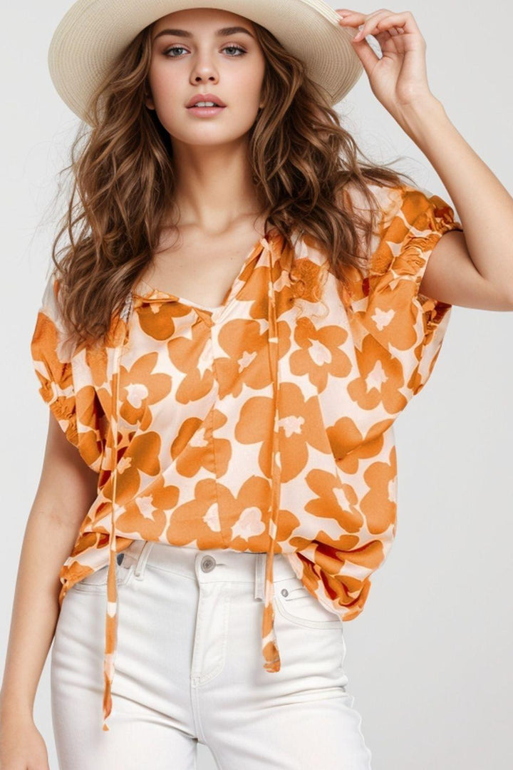 Printed Tie Neck Short Sleeve Blouse Tangerine M Shirts & Tops