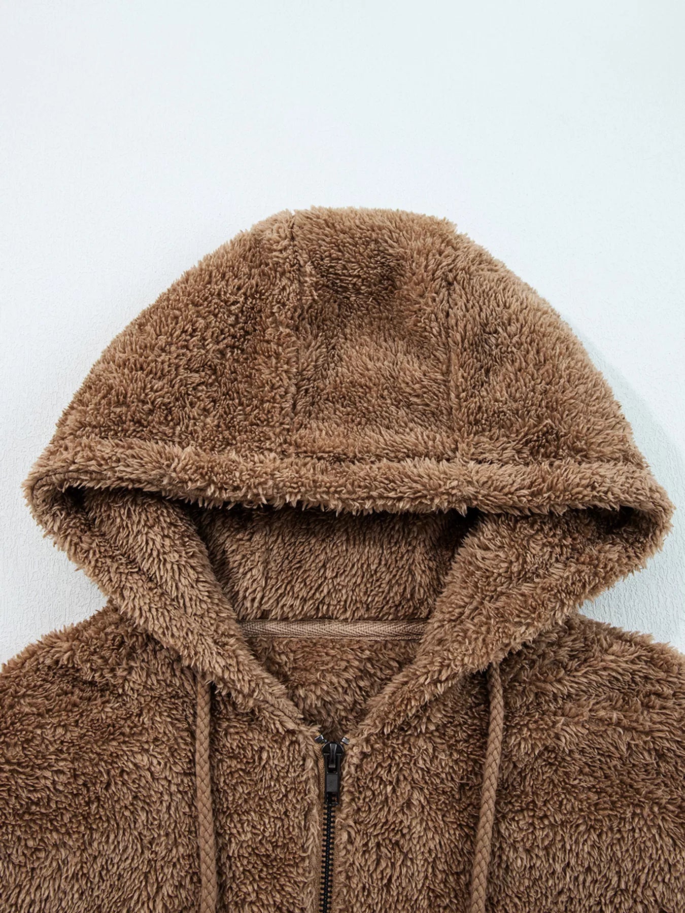Brown fluffy zip-up hoodie in 2pcs drawstring shorts outfit