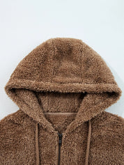 Brown fluffy zip-up hoodie in 2pcs drawstring shorts outfit