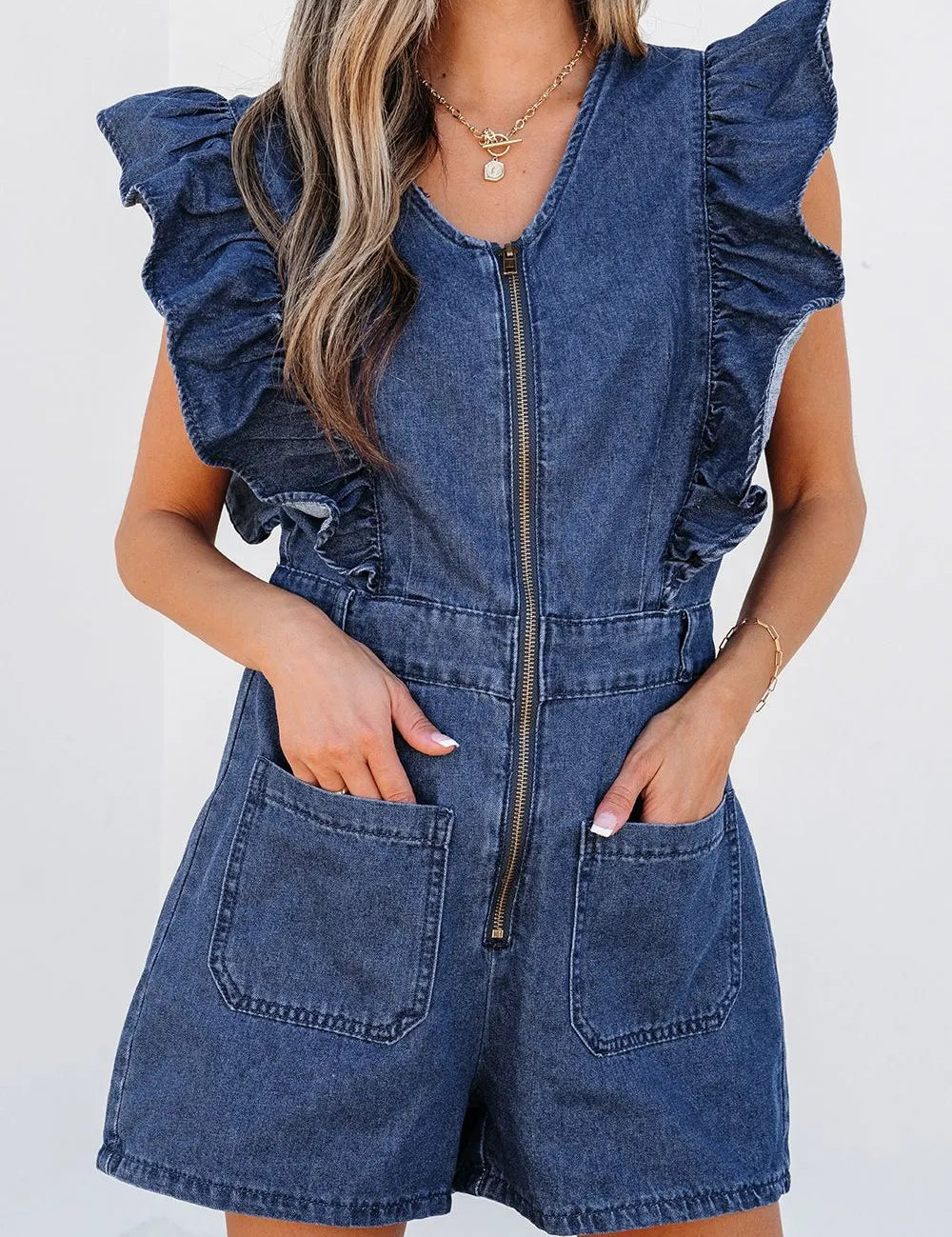 Denim Ruffled Zipped Front Belted Romper | Rompers Daverri Fashions