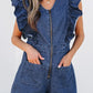 Denim Ruffled Zipped Front Belted Romper - DAVERRI FASHIONS