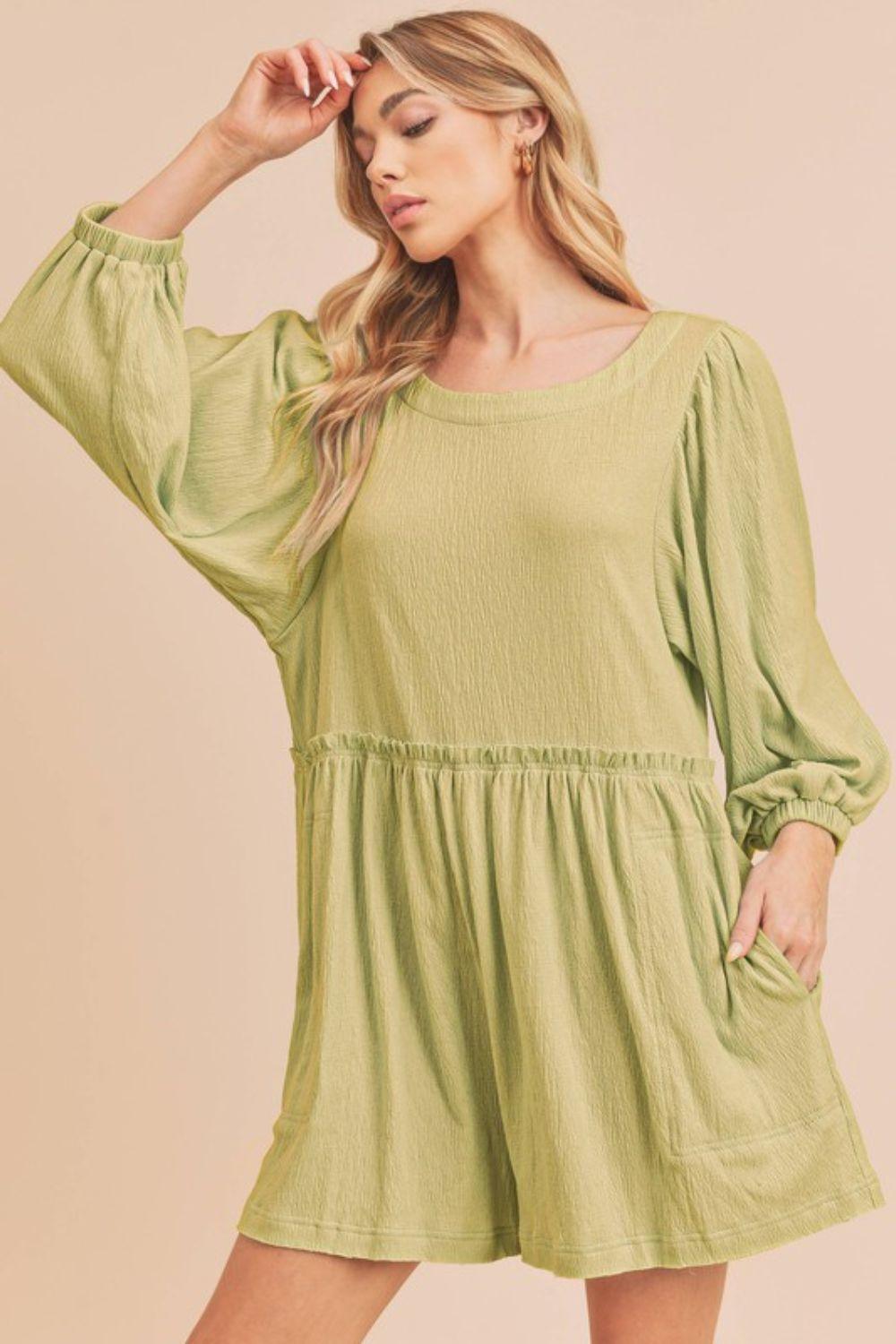 Aemi + Co Frill Round Neck Long Sleeve Romper with Pockets Yellow-Green Rompers