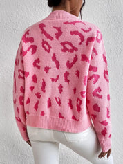 Pink leopard print mock neck sweater with ribbed cuffs