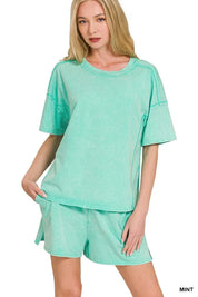 MINT Zenana Acid Washed Short Sleeve Tee & Shorts Set | Outfit Sets Daverri Fashions