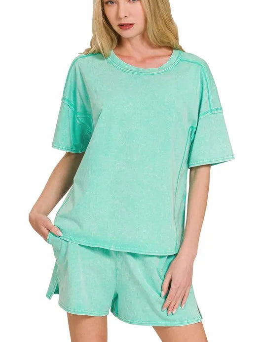 MINT Zenana Acid Washed Short Sleeve Tee & Shorts Set | Outfit Sets Daverri Fashions