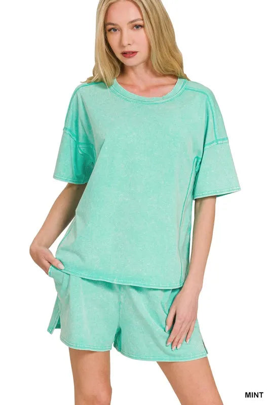 Zenana Acid Washed Short Sleeve Tee & Shorts Set MINT Outfit Sets