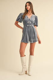Mable Jewel Bow Decor Puff Sleeve Velvet Romper | Daverri Fashions