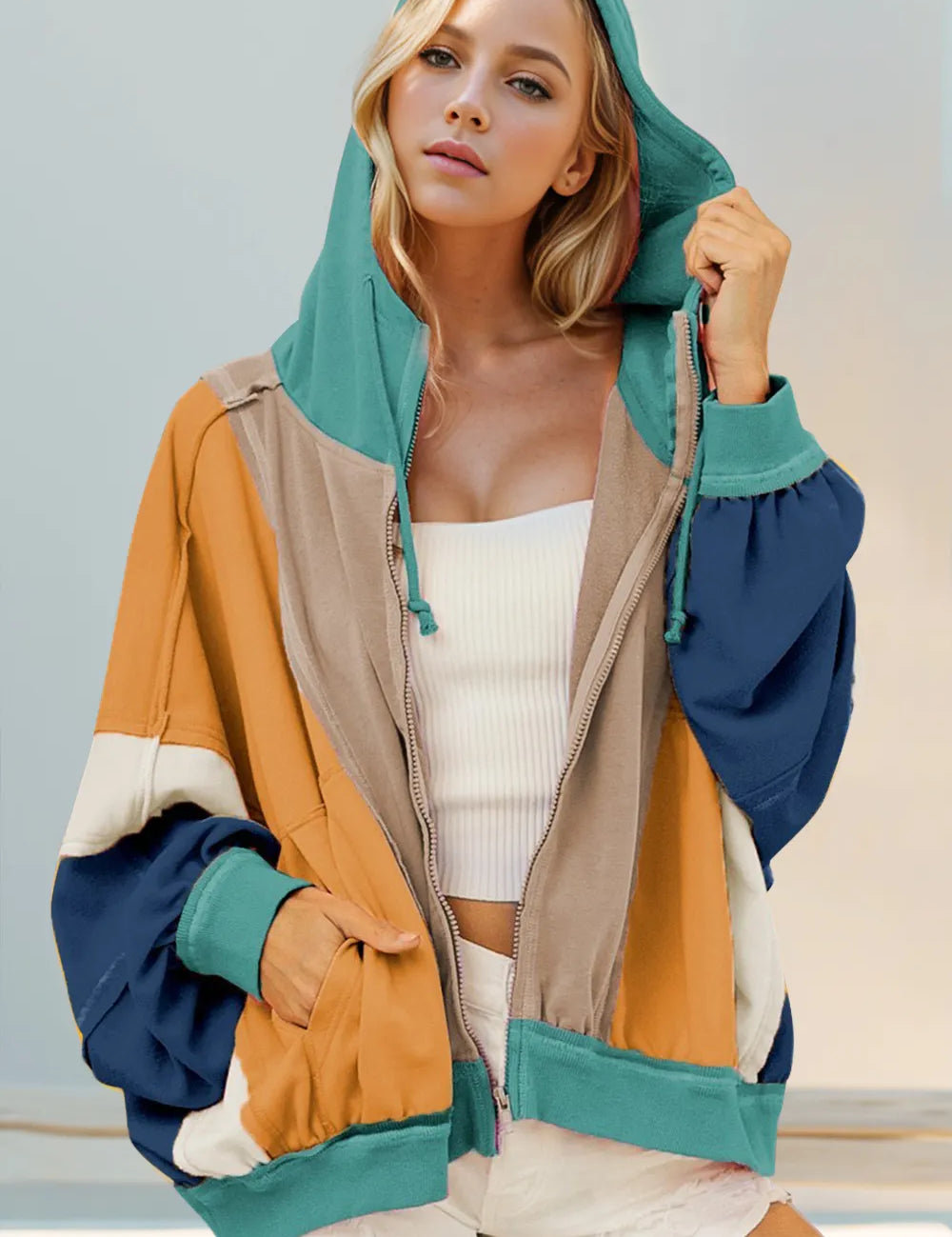 Khaki Full Size Color Block Zip Up Hoodie | Hoodies Daverri Fashions