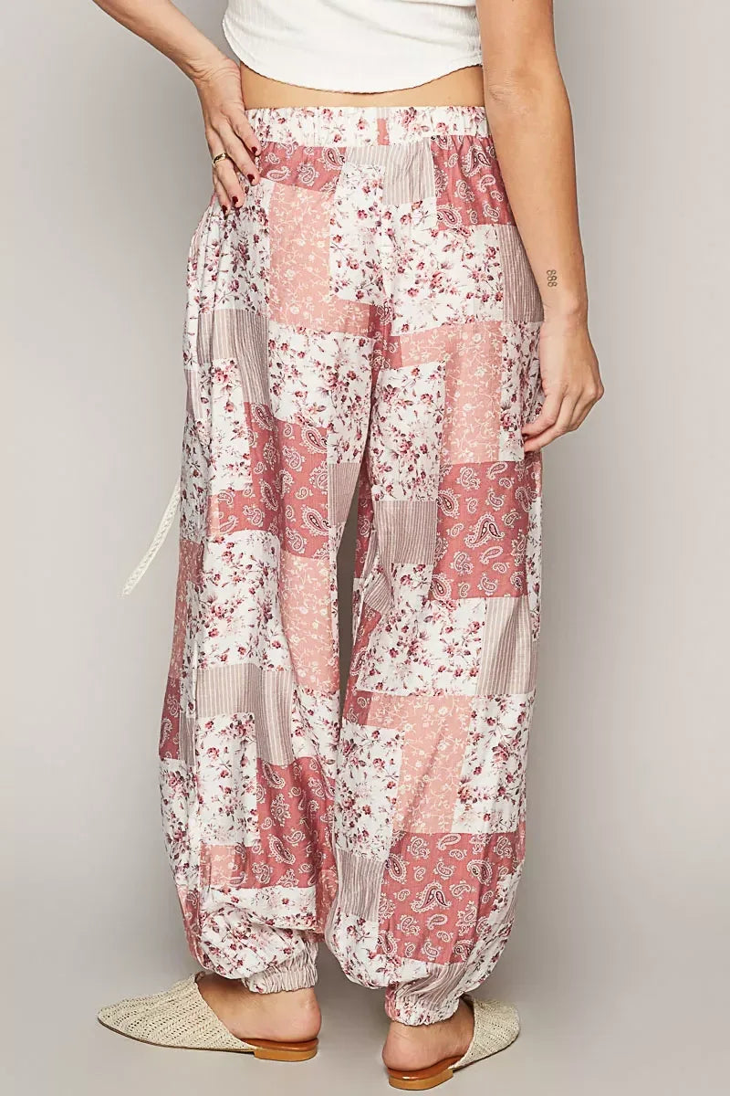 POL Drawstring Floral Patchwork Wide leg Pants - DAVERRI FASHIONS