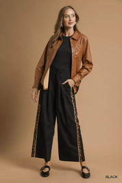 Umgee Front Pleated Wide-Leg Pants with Contrast Trim | Daverri Fashions
