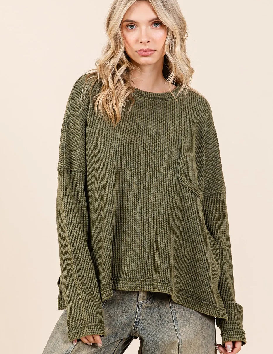 OLIVE Mittoshop Mineral Wash Cutout Pocket Long Sleeve Waffle Top | Tops Daverri Fashions