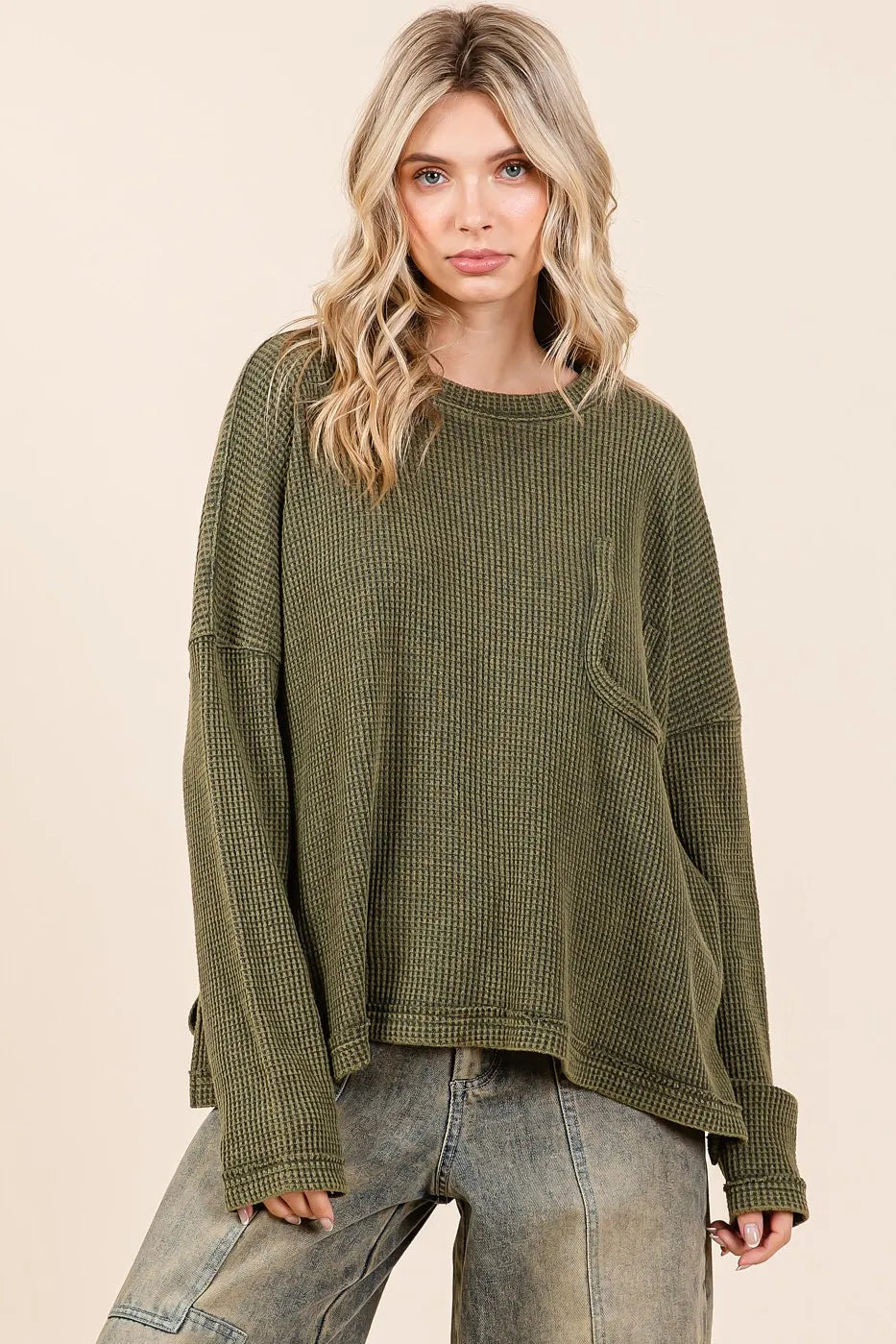 OLIVE Mittoshop Mineral Wash Cutout Pocket Long Sleeve Waffle Top | Tops Daverri Fashions
