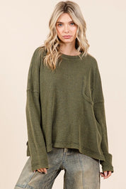 OLIVE Mittoshop Mineral Wash Cutout Pocket Long Sleeve Waffle Top | Tops Daverri Fashions