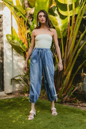 BiBi Striped Tape Details With Bot Tied Point Elastic Waist Jeans | Jeans Daverri Fashions
