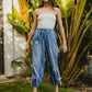 BiBi Striped Tape Details With Bot Tied Point Elastic Waist Jeans Jeans