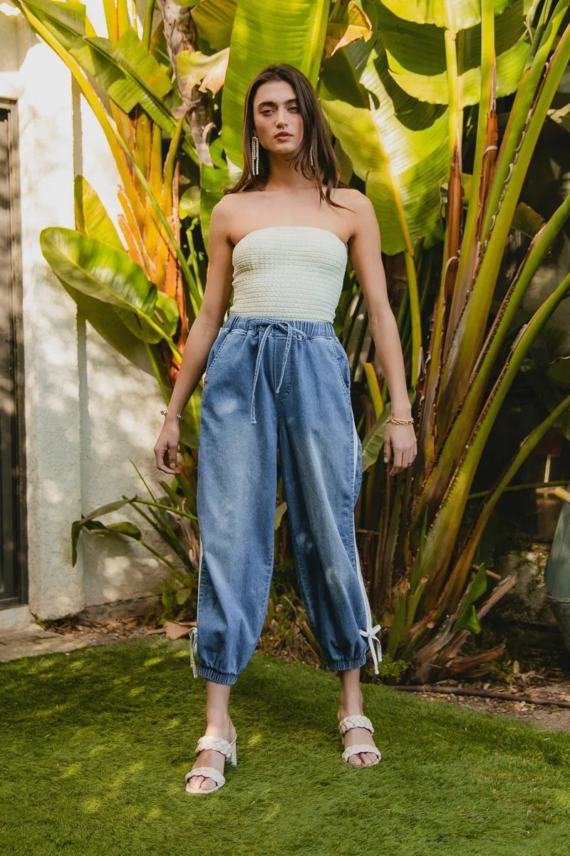 BiBi Striped Tape Details With Bot Tied Point Elastic Waist Jeans Jeans