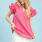 Pink Umgee textured ruffle sleeve notched V-neck top