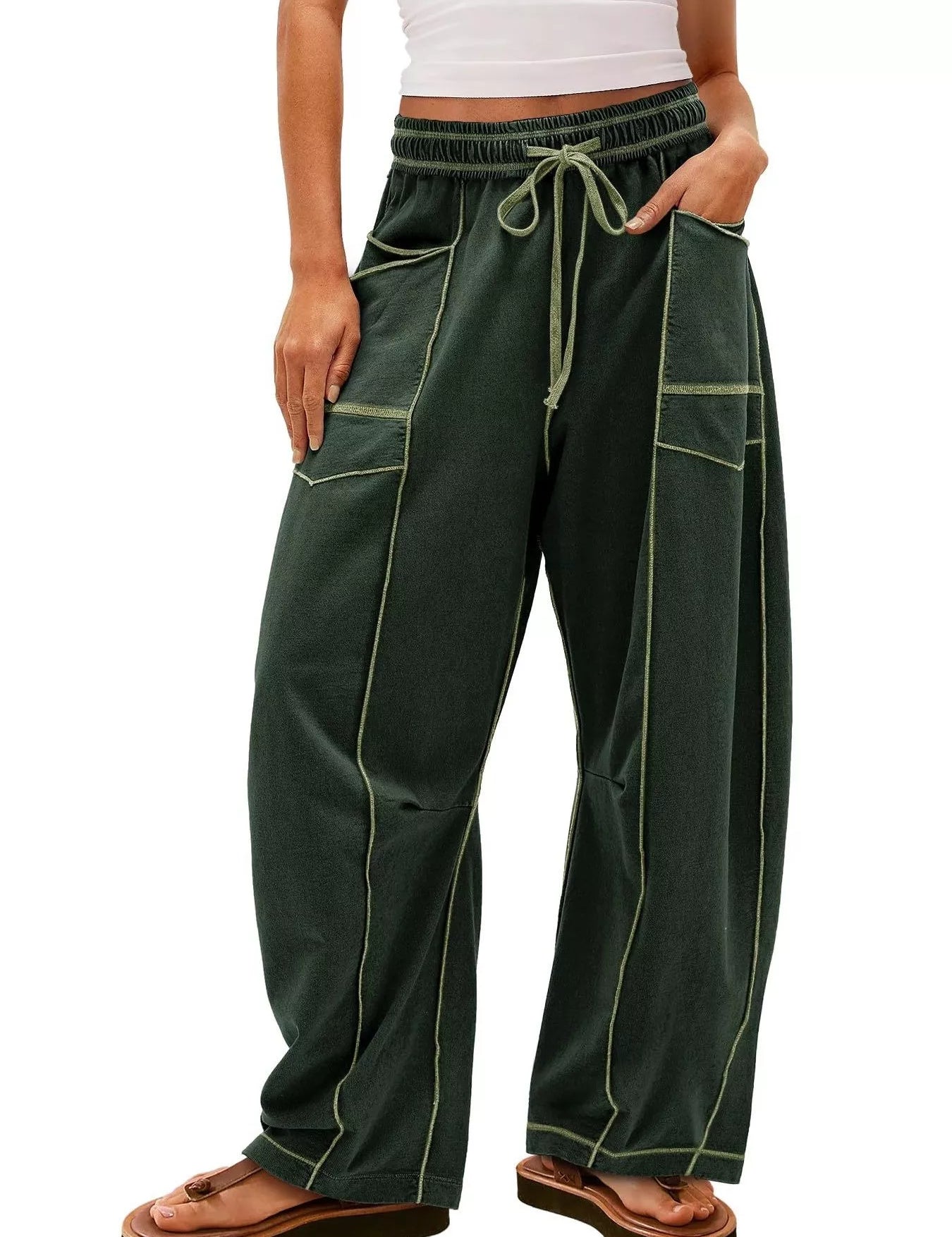 Army Green Drawstring Wide Leg Elastic Waist Pants | Pants Daverri Fashions