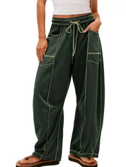 Army Green Drawstring Wide Leg Elastic Waist Pants | Pants Daverri Fashions