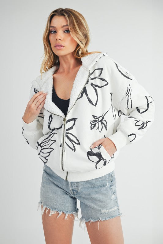 Aemi + Co Flower Print Zip Up Sherpa Hoodie Hoodies