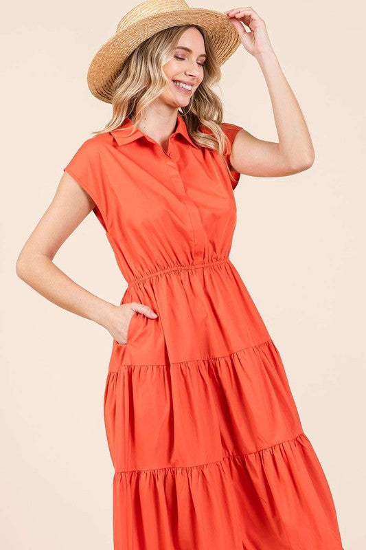 Mittoshop Button Up Collared Tiered Maxi Shirt Dress Midi Dresses