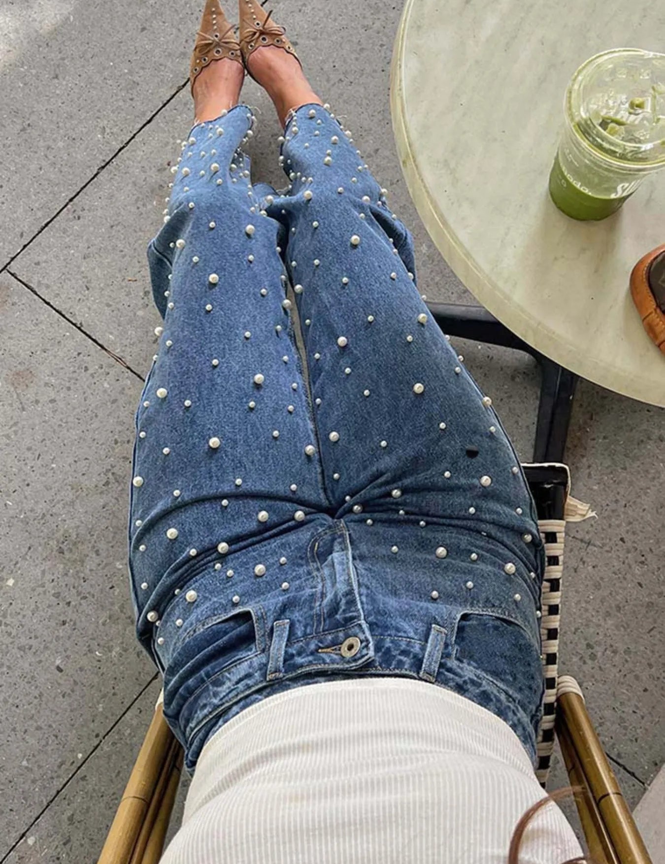 Pearl Embellished High Waist Straight Leg Jeans | Jeans Daverri Fashions
