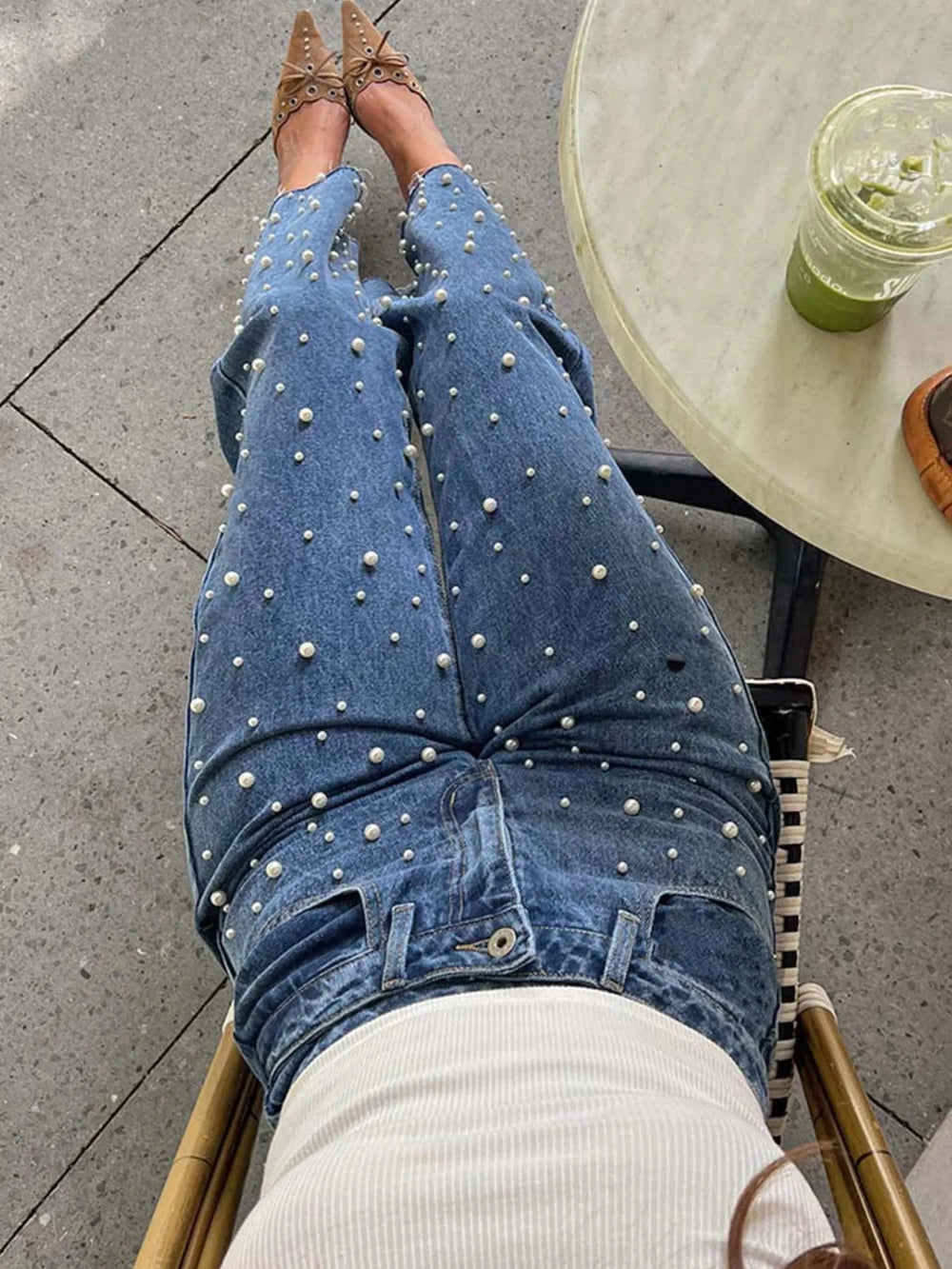 Pearl Embellished High Waist Straight Leg Jeans | Jeans Daverri Fashions