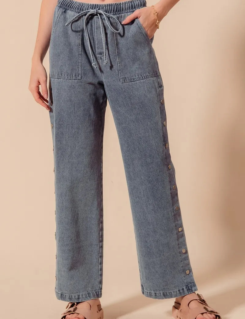 DENIM SO ME Mid Rise Drawstring Jeans with Side Snap Button | Daverri Fashions