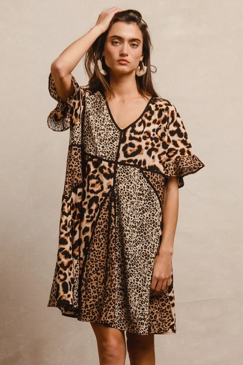 BiBi Leopard Prints Mix and Match Short Sleeves Dress Mini Dresses
