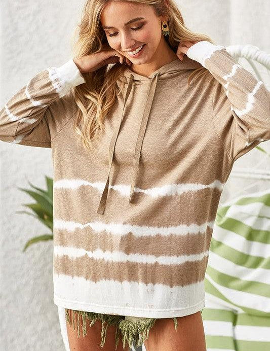 Tan BiBi Drawstring Tie-Dye French Terry Hoodie | Hoodies Daverri Fashions