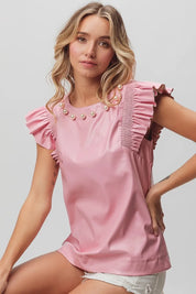BiBi Leather Look Smocked Ruffled Top | Tops Daverri Fashions