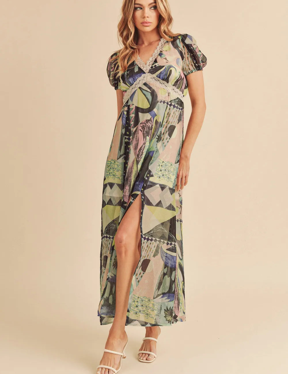 Green Aemi + Co Lace Detail Slit Geometric Print Short Sleeve Maxi Dress | Daverri Fashions
