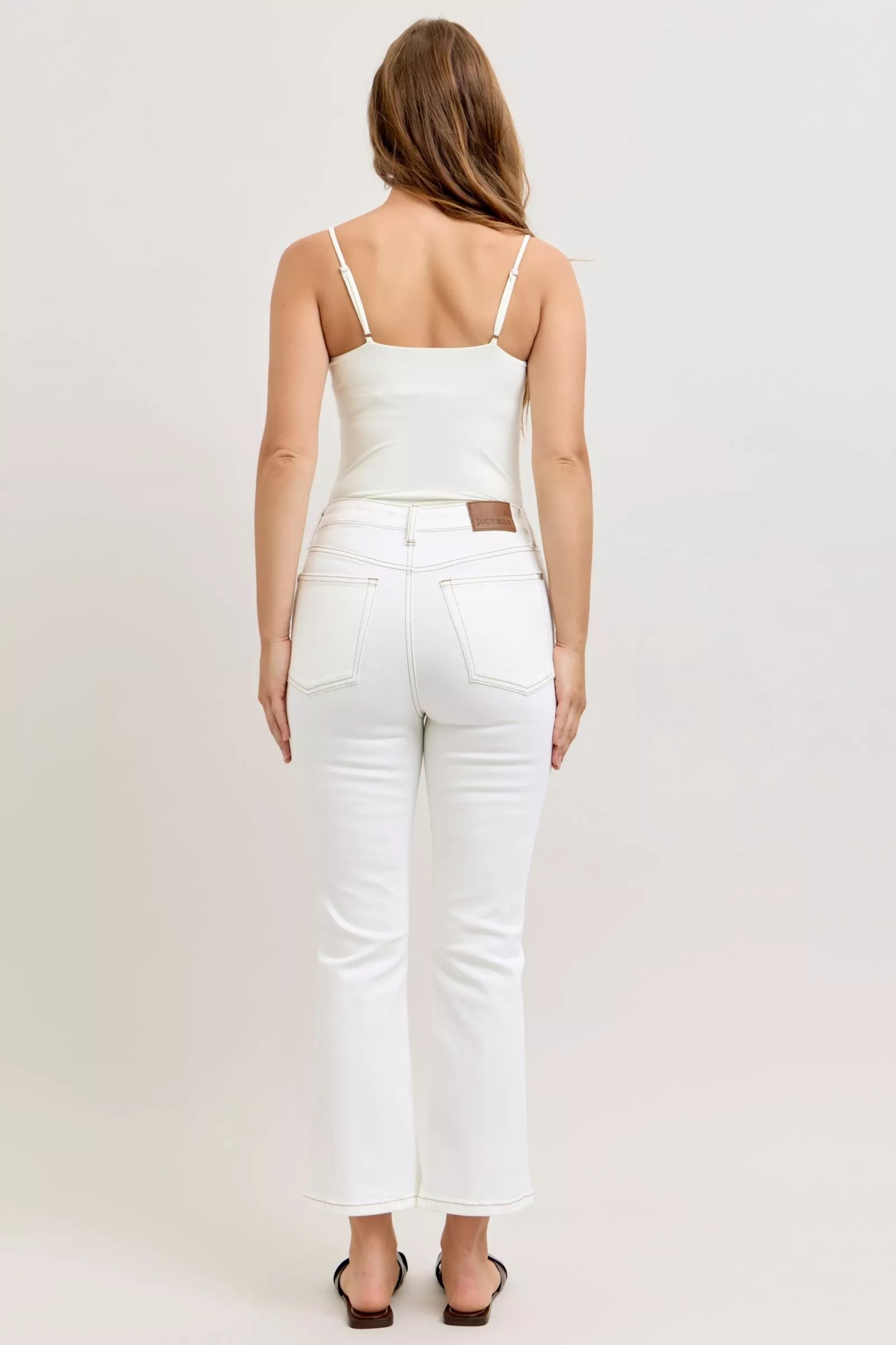 Judy Blue white high-rise cropped flare jeans with brown leather patch