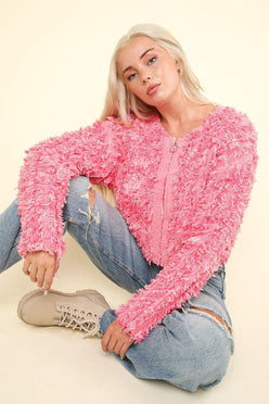 VERY J Shaggy Yarn Knit Zip Up Jacket Pink - DAVERRI FASHIONS
