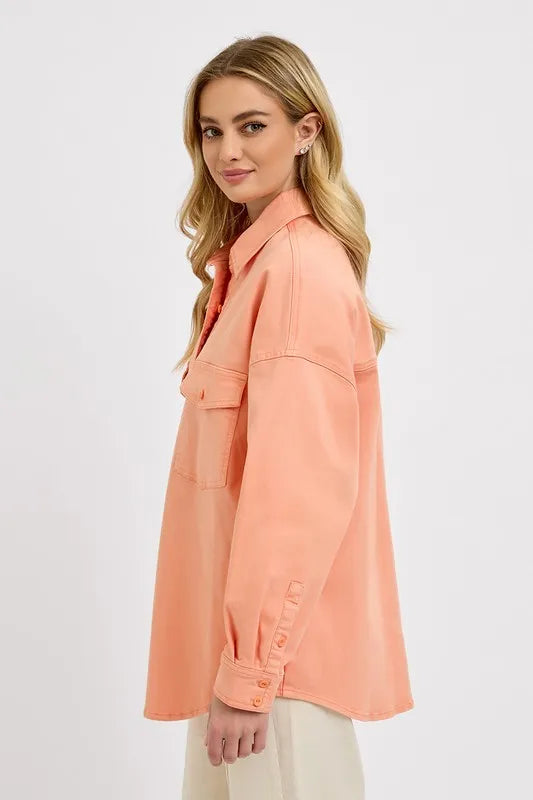 RISEN Full Size Button Down Long Sleeve Denim Shacket with Chest Pockets Plus Size
