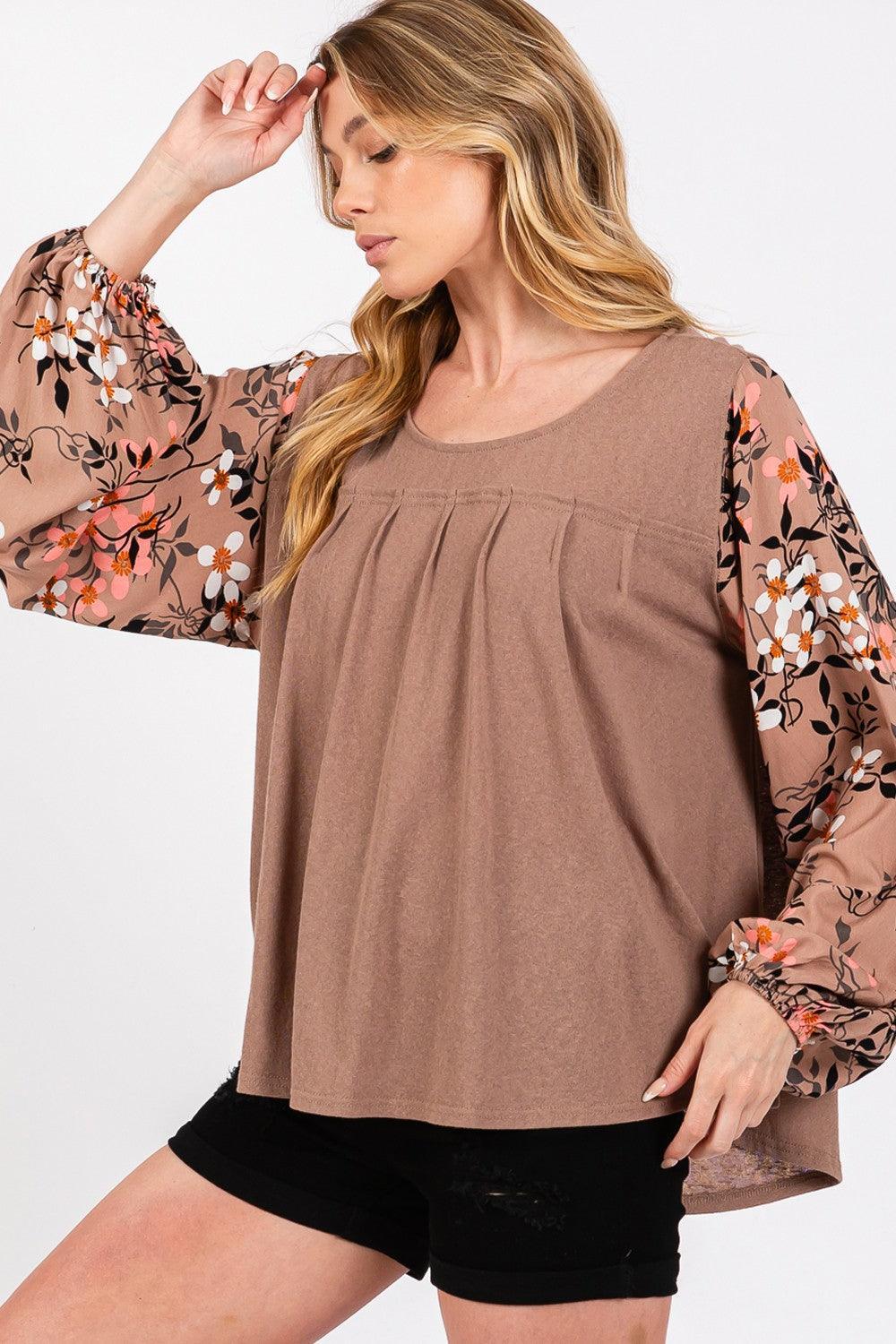 SAGE + FIG Floral Long Sleeve Front Pleated Detail Blouse - DAVERRI FASHIONS