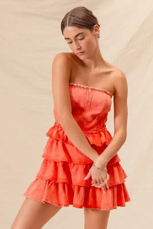 SO ME Strapless Ruffle Layered Game Day Cheer Up Dress - DAVERRI FASHIONS