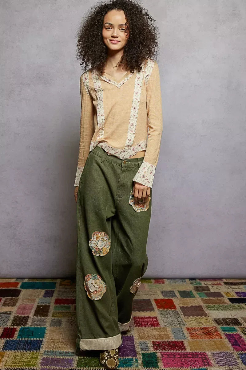 POL Floral Patch V-Neck Long Sleeve Ribbed Top - DAVERRI FASHIONS