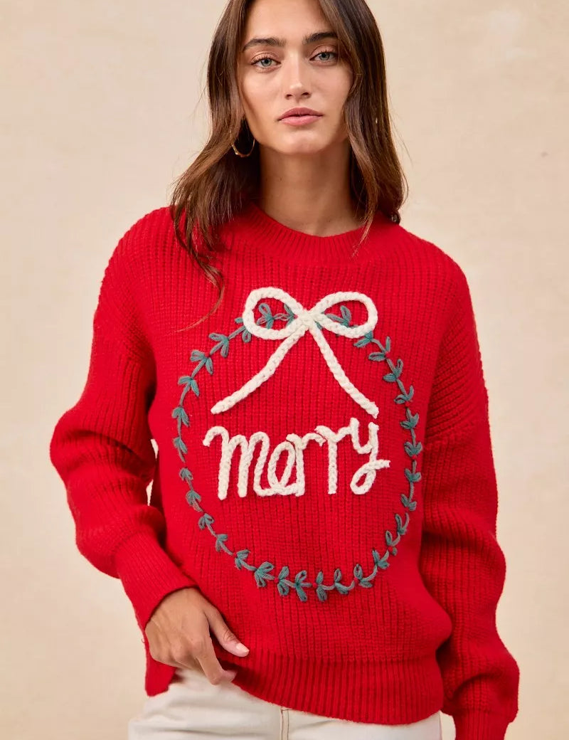 RED BiBi Christmas Wreath Merry Letter Knit Top | Knit Tops Daverri Fashions