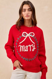RED BiBi Christmas Wreath Merry Letter Knit Top | Knit Tops Daverri Fashions