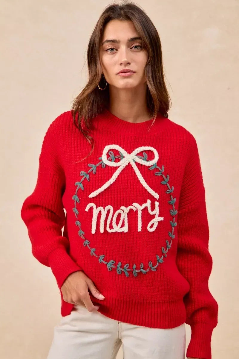 BiBi Christmas Wreath Merry Letter Knit Top - DAVERRI FASHIONS