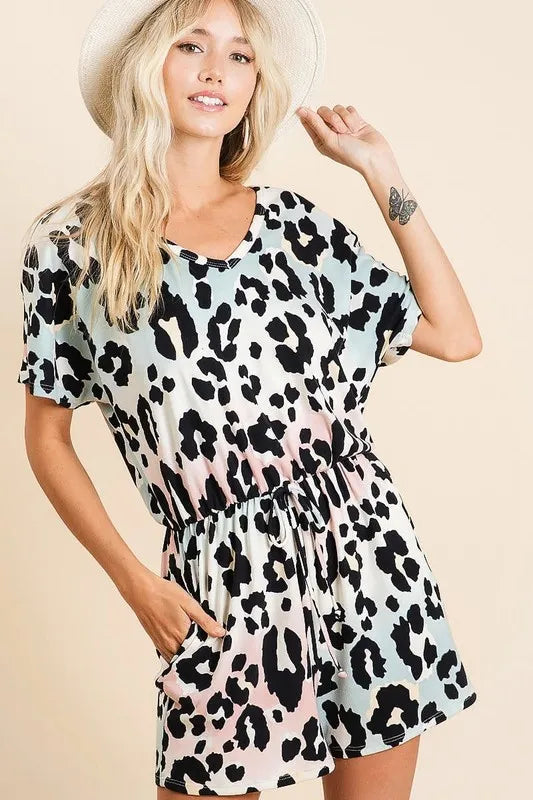 BiBi Gradation Leopard Soft Knit V-neck Romper Rompers