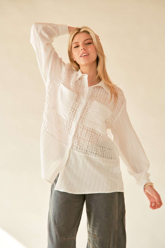 Davi & Dani Crinkled Jacquard Button Down Shirt White